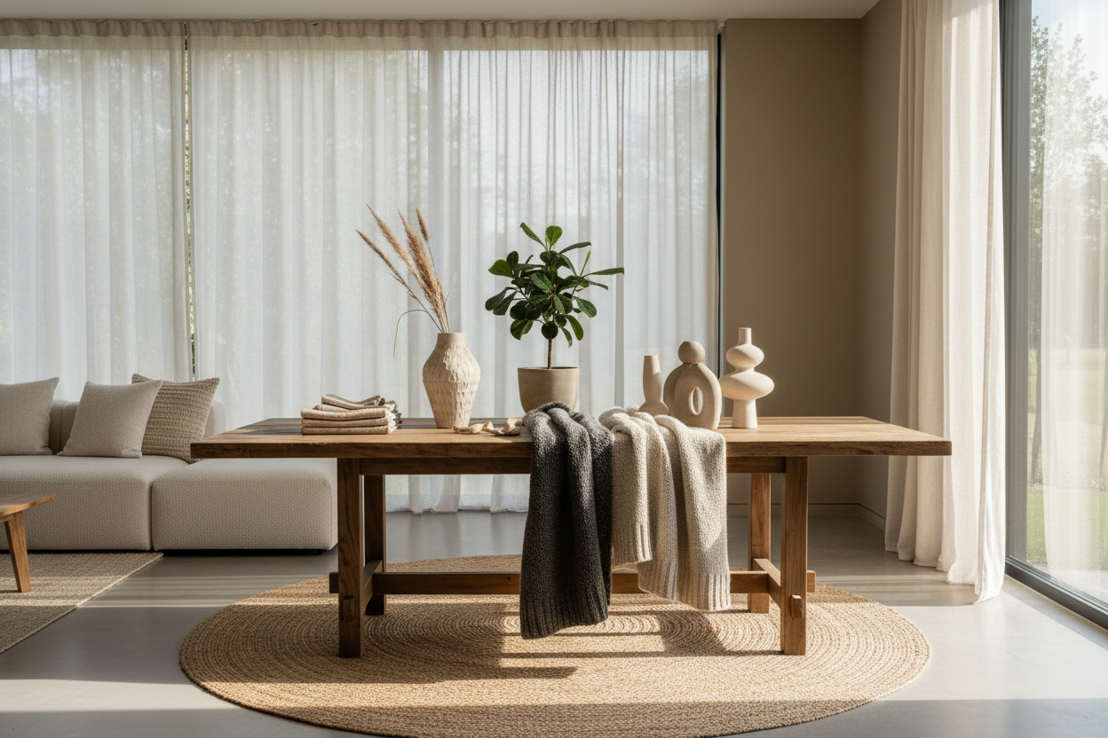 A high-end, realistic lifestyle photograph of a cozy modern home interior inspired by nature. A wooden table with carefully selected home objects placed naturally: a ceramic vase, a small plant, neutral-tone decor items and soft textiles. Warm natural daylight coming from a window, soft shadows, calm and minimalist atmosphere. Earthy and neutral color palette, Scandinavian and natural style, premium and realistic look, no people, no text, no logos. Designed for an elegant e-commerce homepage focused on harm